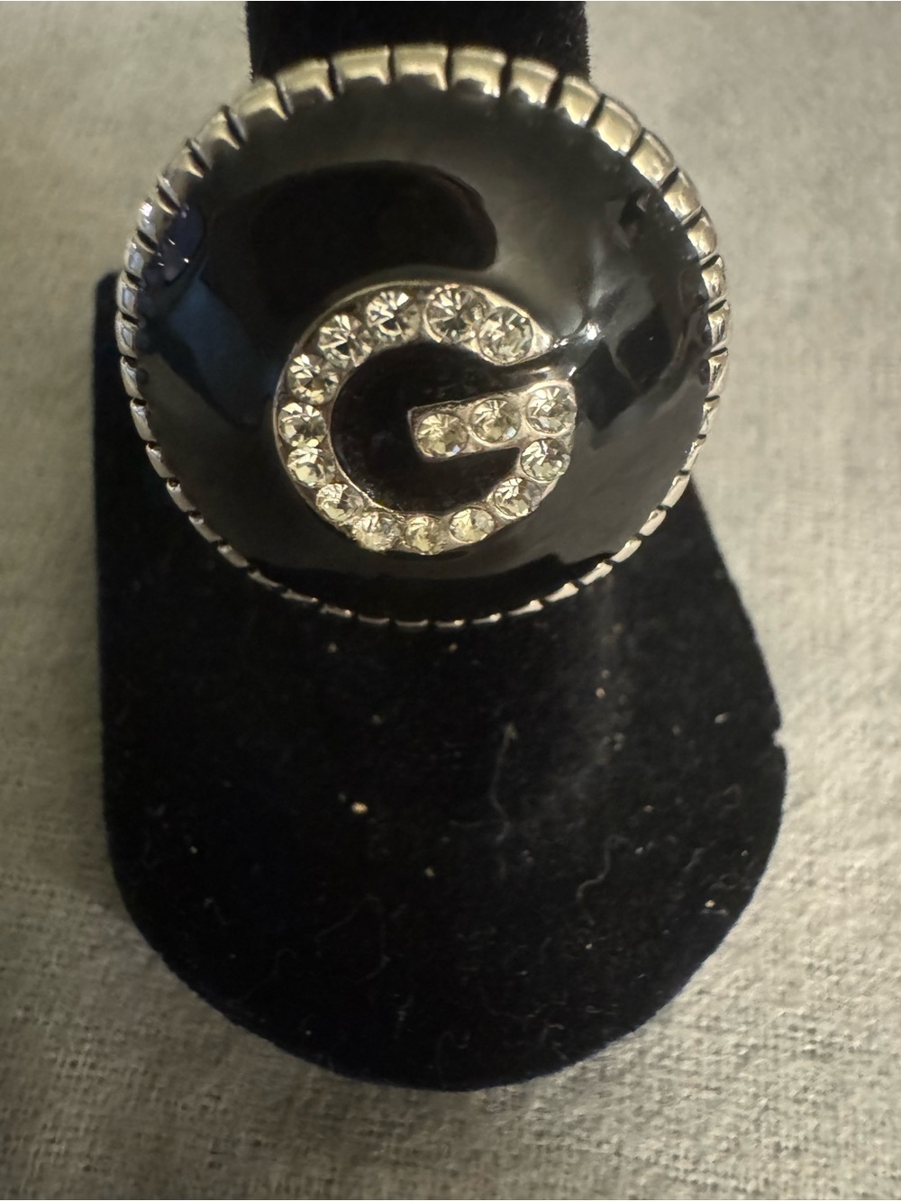 Rhinestone 'G' Accent Black Statement Ring